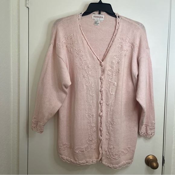 Venezia Sweaters - Venezia Light Pink Women's Cardigan Large Embroidered Detail Long Sleeve